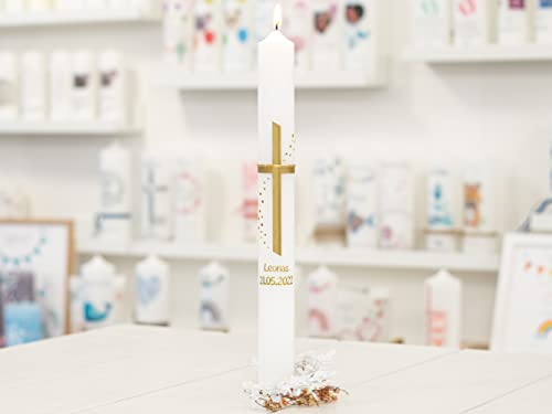 meinkerzenshop Kommunionkerze Leonas personalisiert mit Name und Datum, individuell und mit Echtwachs handverziert für Junge und Mädchen