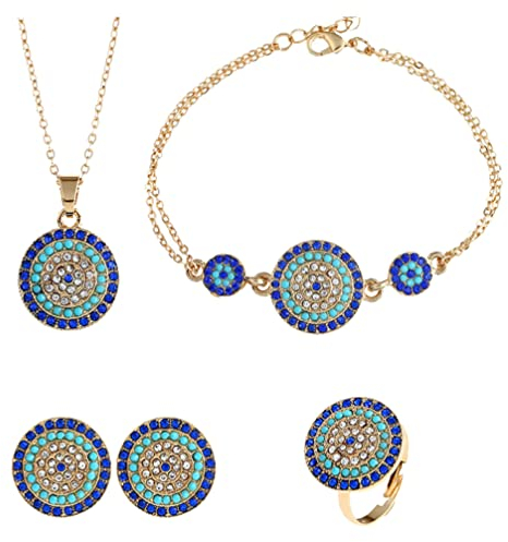 Holibanna Evil Eye Schmuck- Set Teufel Augen Anhänger Halskette Ringe Armbänder Ohrring Blau Augen Anhänger Blau Evil Eye Schutz Charme für Frauen