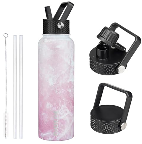 BJPKPK Isolierte Trinkflasche mit Strohhalm-Deckel, 1.2L Edelstahl Wasserflaschen mit 3 Deckeln, BPA Frei Wasserdicht Thermosflasche,Tumblers, Becher für Sport, Gym- Blüte