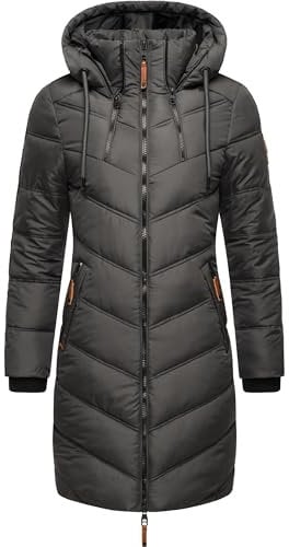 MARIKOO Damen Wintermantel Warmer Steppmantel lang mit Verstellbarer Kapuze Armasa Anthracite Gr. XL