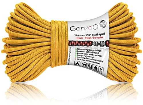 Ganzoo Paracord 550 Seil, 4mm, Gold gelb, Nylon Polyester, Hybrid, Armband, Hunde-Leine, Hunde-Halsband knüpfen, ca. 250kg Bruchlast, Outdoor Rope, Camping Schnur, Allzweckseil, 30 Meter