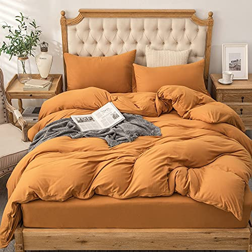 PURE ERA Jersey-Strick-Bettbezug-Set, 100 % T-Shirt, Baumwolle, superweich, bequem, 2-teiliges Bettwäsche-Set mit Reißverschluss (einfarbig gebranntes Orange, Doppelbett)