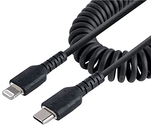 StarTech.com 20in / 50cm USB C to Lightning Cable, MFi Certified, Coiled iPhone Charger Cable, Black, Durable TPE Jacket Aramid Fiber, Heavy Duty Coil Lightning Cable (RUSB2CLT50CMBC)