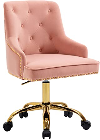 Sepnine Bürostuhl Samt, Schreibtischstuhl Aesthetic Mädchen, Schminkstuhl mit Rollen, Drehstuhl mit Goldenen Stuhlbeinen, Höhenverstellbar, Studie, Büro, Schlafzimmer, Bis 135 kg, Rosa