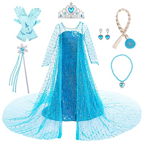 LOBTY Mädchen Elsa Prinzessin Kleid mit Accessoires Schneekönigin Verkleidung Kinder Prinzessin Kleid Geburtstag Party Weihnachten Halloween Karneval Cosplay Kostüm Blau, 150