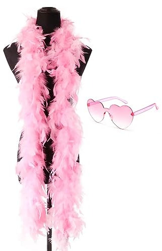 Boas à plumes colorées pour fête - 2 m - Avec lunettes de soleil sans cadre - Pour fête, danse, déguisement, carnaval, rose, X-Type L--Ensemble de plumes et de lunettes Rose, taille unique