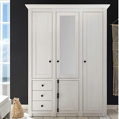 Lomadox 4-türiger Kleiderschrank mit Spiegel im Landhaus Stil Dekor Pinie weiß Nb. B/H/T ca. 147x206x64cm