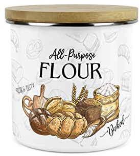 Purely Home All Purpose Flour Storage Canister - The Bakery Range - White Metal Enamel Kitchen Food Pantry Jar