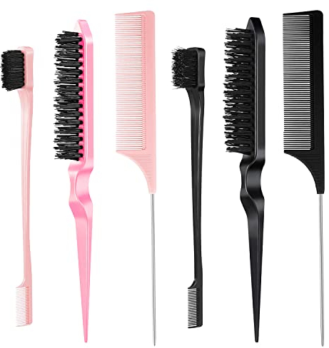 Lot de 6 brosses à cheveux, brosse à cheveux lisse, brosse à bords, brosses à peigner, peigne à queue de rat, brosse à cheveux à poils doux, brosse à crêper, brosse à cheveux lissante (noir, rose).