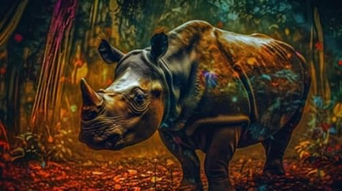 Acryl-Bild 50 x 30 cm: Nashorn im Dschungel. Wildtierszene aus Afrika. (206109663)