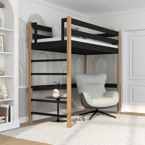 N-wood N01 Hochbett, Etagenbett 90x200 cm, aus Eichenholz, 2 Leitermontageseiten: Links oder rechts, sichere abgerundete Kanten, Stabile Massivholzkonstruktion, Hochwertige Materialien, Schwarzeiche