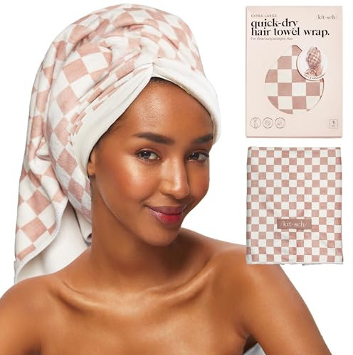 Kitsch XL Mikrofaser-Haartuch für Damen – Ultra saugfähiges Mikrofasertuch für nasses, lockiges, langes oder kurzes Haar – Schnelltrocknendes, Anti-Frizz-Haartuch – Terrakotta-Kariert, 40 x 24 Zoll