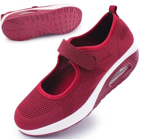 Git-up Damen Walking Schuhe mit Klettverschluss Atmungsaktives Vermascht Krankenschwester Schuhe Leichtes Memory Schaum Luftkissen Sneaker, Mesh-Rot 40