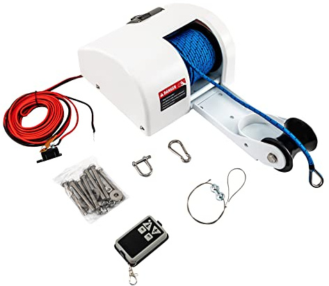 JINHZIXIU 45LBS Electric Anchor Winch 12V Marine Anchor Winch with Remote Control Marine Saltwater Anchor for Fishing Boat Pontoon Boat White