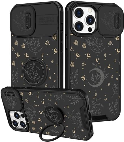 Pegmode (2in1 for iPhone 12 Case/iPhone 12 Pro Case for Women Moon Stars Cute Girly Girls Phone Cases Pretty Black Design with Camera Cover+Ring Holder Fashion Space for Apple 12/12 Pro Cover 6.1''