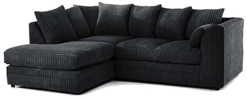 Cord Corner Sofa Jumbo 3 2 Seater Grey Brown Coffee Cream Suite Armchair Chair 6 COLOURS (LEFT HAND CORNER SOFA, BLACK)
