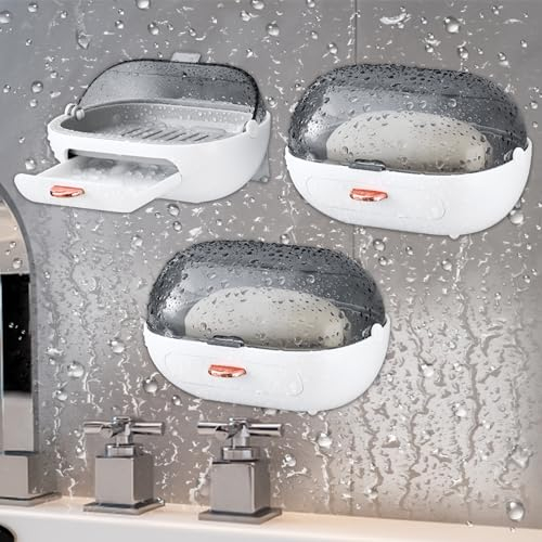 3 Stück Seifenschale ohne Bohren: Seifenschale mit Ablauf und Deckel, Seifenschale Wandmontage, Seifenhalter Selbstklebende Seifenhalter Dusche, Plastik Seifenablage für Bad, Küche, Keep Dry Clean