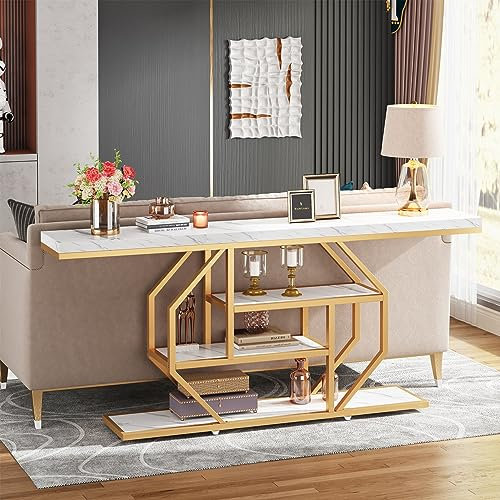 Tribesigns Table console extra longue de 180 cm - Table basse moderne dorée derrière le canapé avec rangement - Table d'entrée à 4 niveaux pour salon, couloir, entrée, marbre synthétique blanc
