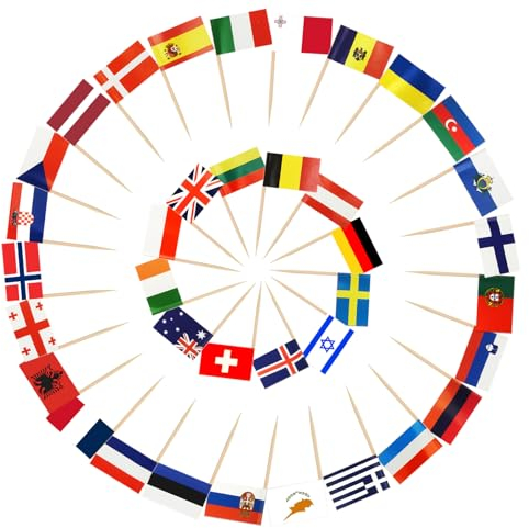 AhfuLife 200 Stück Eurovision Europäische Zahnstocher Flaggen, Eurovision Deko Fahne Klein Zahnstocher für EM Eurovision Song Contest Olympische Cupcake Topper Toothpick Cocktail 2025 Party Pub Deko