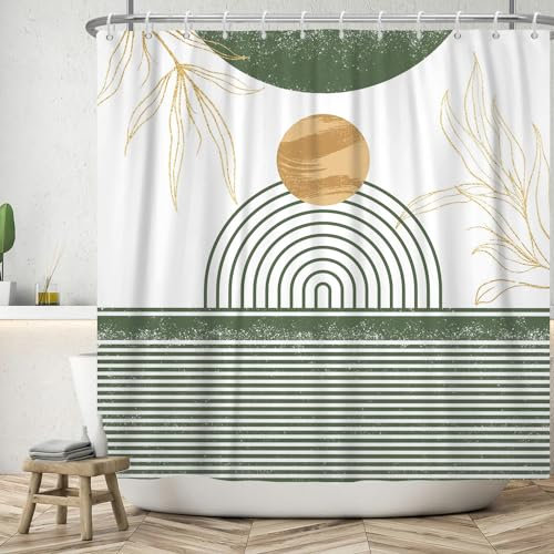 ASDCXZ Boho Duschvorhang 180x200 cm, Modern Abstrakt Kunst Salbei Grün Linie Gold Blätter Khaki Sonne Bad Waschbar Duschvorhänge Polyester Textil Wasserdicht Badevorhang für Badewanne mit 12 Haken