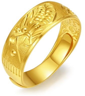 ZHOU LIU FU 24K 999 Gold Ringe Drache Phoenix Ring Schmuck Bräutigam Braut Eheringe Verstellbare Geschenke für Unisex Frauen Männer Ehepaar (Größe: 12 14 17 19) A027943 A037944