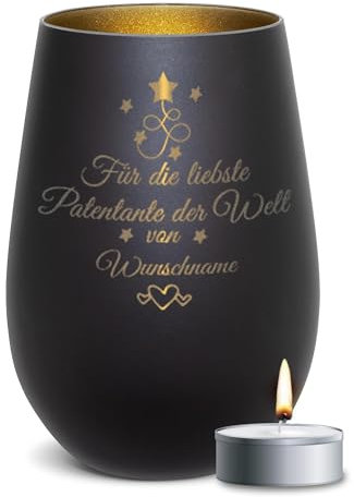PR Print Royal Schwarzes Windlicht mit Gravur - Für die liebste Patentante - mit Name Personalisieren - Geschenk für für Patentante | Individuelle Gravur inkl. Teelicht, 450 ml, Innen Gold