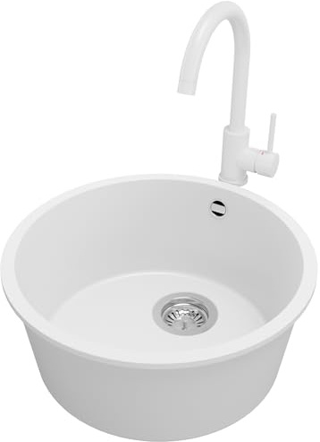 PRIMAGRAN Granitspüle Weiß 46x46cm, Spülbecken 1 Becken + Küchenarmatur 32x20cm + Ablauf-Set, Küchenspüle ab 50er Unterschrank - Valetta Slim S013
