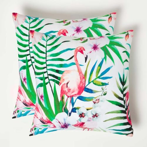 Homescapes 2er-Set Outdoor Kissen Tropical, Gartenkissen Flamingo 45x45 cm, Deko-Kissen für Terrasse & Balkon