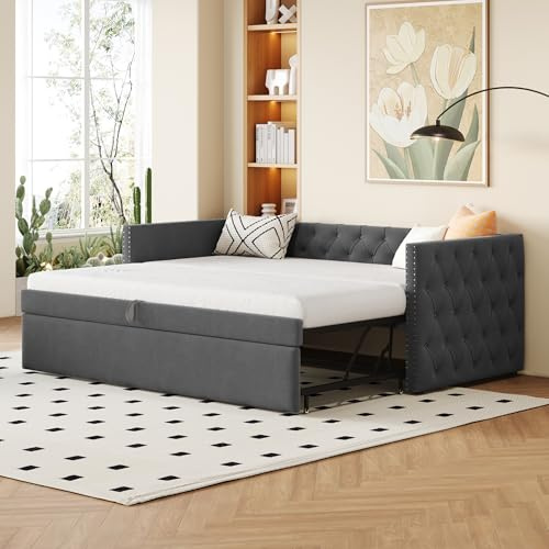 ZYLOYAL10 Polsterbett Ausziehbares Schlafsofa 90/180 * 200 cm mit Lattenrosten, Multifunktionsbett aus hautfreundlichem Samtstoff (Grau - G)