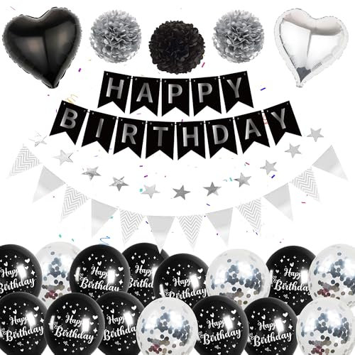 Schwarz Silber Luftballons Geburtstag Dekoration - Happy Birthday Banner, Wimpel, 2m Sternen-Girlande, Konfetti Ballons, Pompons, Geeignet für alle Altersgruppen