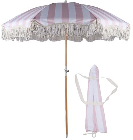 Sunicon 7 FT Fringe Sunshade Umbrella, UV Proof Large Outdoor Table Fringe Tassel Umbrellas View Area Sunshade Umbrella with Fringe 8 Fiberglass Ribs for Pool Garden Deck Yard (Striped)