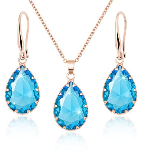 Linawe Aquamarine Blue Jewellery Sets for Women, Rose Gold Pendant Necklace and Earring Set, Birthstone Crystal Imitation Diamond Necklace Set, Rhinestone Tear Drop Earrings Jewellery Set