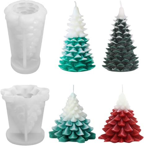 AROMUJOY 2 Stück Kerzen Formen Silikon, 3D Weihnachtsbaum Kerzenform, Gießformen Silikon Weihnachten, Silikonform Tannenbaum für DIY Duftkerze Handwerk Ornamente