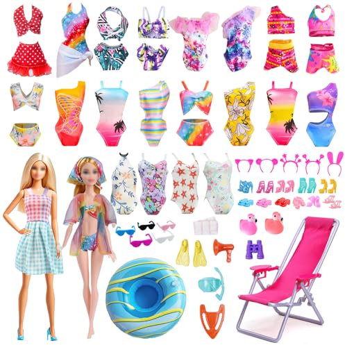 Xerteam 35 Badeanzug Kleidung Set für 11,5 Zoll Mädchen Puppen, Moden Bunte Puppensachen mit 5 Set Bikini 1 Karierter Kleider 1 Tülljacke 8 Paar Schuhe, 14 Tauchzubehör Schwimmreifen Strandstühle