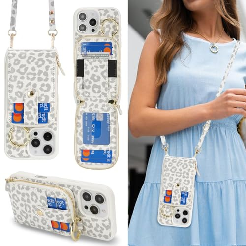 SailorTech iPhone 16 Pro Case Ring Stand with Card Holder for Women, iPhone 16 Pro Leather Case Wallet Crossbody with Kickstand Credit Card Zipper Case for iPhone 16 Pro-White Leopard