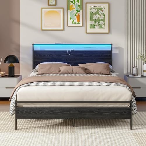 BORPHOM Metallbett 140x200 Bettrahmen mit Ladestation und LED,Bettgestell aus Metall,Doppelbett/Einzelbett Jugendbett 140x200 mit Kopfteil und Metall Lattenrost,Funktionsbett,Gästebett,Schwarz
