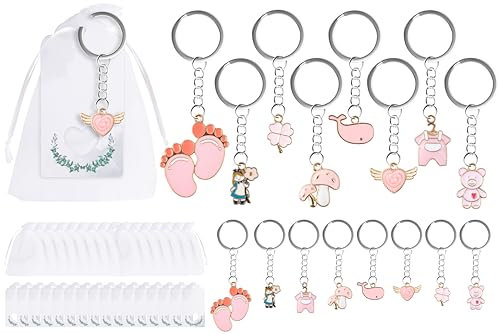 Fyshird 16 Stück Schutzengel Schlüsselanhänger mit Baby Anhänger Rosa Geschenkanhänger Organzabeutel Glücksbringer Gastgeschenke für Taufe Shower Baby Reveval Kinder Geburtstag Party
