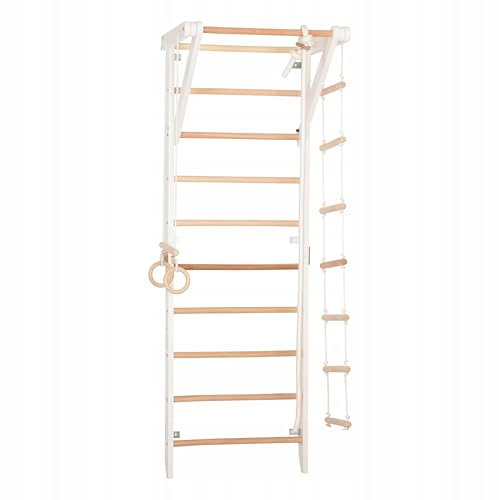 Kletterwand für Kinder und Erwachsene – Klettergerüst Indoor aus Holz mit Wand-Reck, Stange, Gymnastikringen, Kletterseil, schwedischer Leiter – Sport 2 weiße Farbe