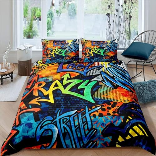 richhome Hippie-Graffiti-Bettwäsche-Set, Doppelbettgröße, Teenager, Hip-Hop-Dekor, Bettbezug-Set für Kinder, Jungen, Mädchen, Graffiti-Modell, Trösterbezug-Set, Straßenkultur-Kollektion, 3-teilig