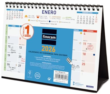 Finocam - Calendario de sobremesa para escribir 2026 Mes Vista Enero - Diciembre (12 meses) | Calendario 2026 para anotar | Planificador mensual Color - Español