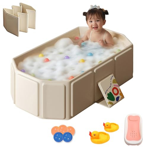 Kensbro Badewanne Faltbar Kinder, Tragbare Kinderbadewanne für Die Dusche mit Ablassschraube, Große Kleinkindbadewanne mit Badewannenständer, PVC Hochtemperaturbeständig Babywanne für 0-8 Jahre (Weiß)