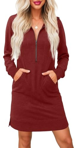 PrinStory Jumper Dress for Women UK Long Sleeve Half Zip V Neck Sweatshirt Dress with Side Pockets