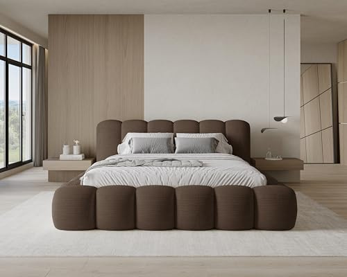 Chilly. Möbel Design Bett Stone - Polsterbett mit Bettkasten, Lattenrost und Kopfteil - 160x200 cm - Holzrahmen - Cord Braun