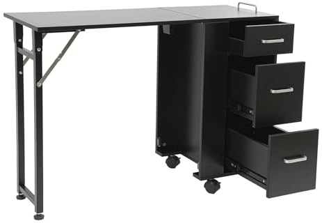 JAYEUW Faltbar Nageltisch Maniküretisch Kleiner Schreibtisch 104 * 38cm Klappschreibtisch mit 3 Schubladen&Feststellbare Rollen bis 100kg für Schönheitssalon, Home, Office (Schwarz)