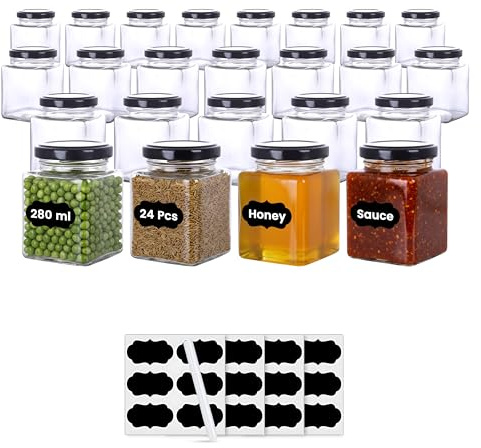 Amajoy Lot de 24 bocaux de conservation carrés de 280 ml avec fermeture à glissière, pour confiture, miel, verre