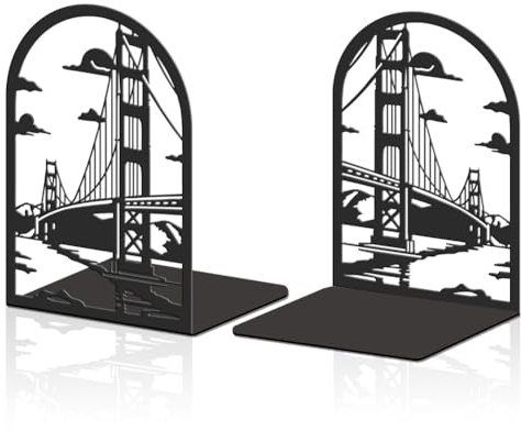 Hobbspring 2 Stück Metall Buchstützen Schwarz Hochfeste Bücherregal Halter Golden Gate Bridge Deko Bücherstützen Verwendet Auf Schreibtisch Für Zurück Zur Schule Büro Zuhause Bibliothek Kleine