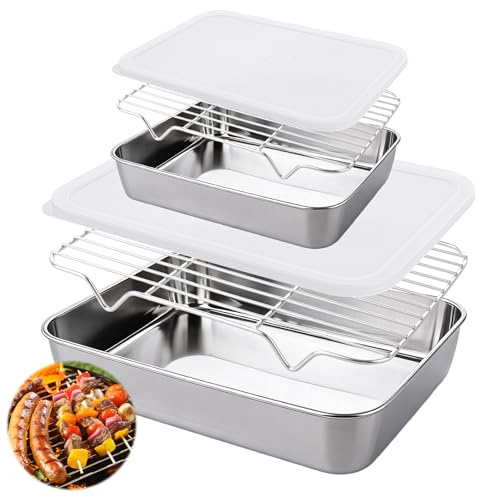 LDXDRU 2 Sets Baking Tray with Rack and Fresh Keeping Lid, 31x24x5cm and 23x17x5cm Stainless Steel Cookie Sheet Pan Set, 12Inch and 9Inch Traybake Tin, 2Inch Depth Baking Tray for Bread Meat Cooking