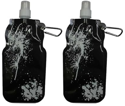 Cheerful Bargains 2-Pack Black BPA-Free Plastic 500ml Foldable Sports Water Bottles | Reusable, Non-Spill Sports-Cap Collapsible Running Bottles with Carabiners | Travel, Gym & Running Essentials