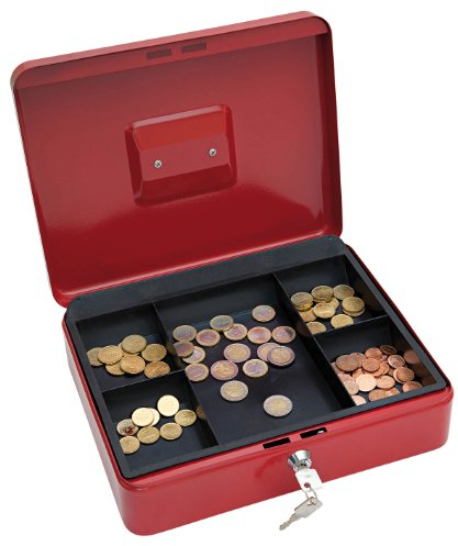 WEDO 145402X Geldkassette aus pulverbeschichtetem Stahl, versenkbarer Griff, 5-Fächer-Münzeinsatz, Sicherheits-Zylinderschloss, rot, 24 x 30 x 9 cm