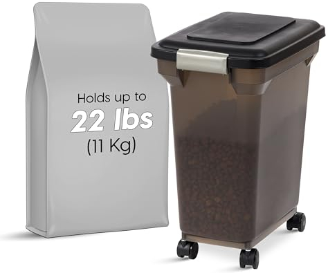 IRIS USA 22 Lbs / 28 Qt WeatherPro Airtight Pet Food Storage Container with Attachable Casters, For Dog Cat Bird and Other Pet Food Storage Bin, Keep Pests Out, Easy Mobility, BPA Free, Smoke